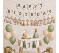 First Birthday Decorations for Boy with Banners, Hat, Balloons Cake Topper | Pre-Strung Sage Green 1st High Chair Banner Birthday Hat 12-Month Photo Banner for One Year Old Party Decorations