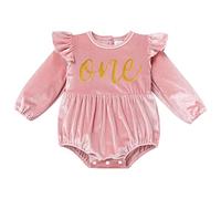 First Birthday Outfit Baby Girl Ruffle Long Sleeve Velvet Romper Onesie Winter Onderland1st Birthday Cake Smash Outfit 1st Christmas Photoshoot Baby Shower Clothes Pink-Gold One 12-18 Months