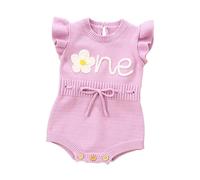 First Birthday Outfit Girl Floral One Embroidered Drawstring Crochet Knit Romper Bodysuit Baby Girl 1st Birthday One Piece Jumpsuit Cute for Tiny Baby Girl Comfortable Playsuit
