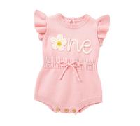 First Birthday Outfit Girl Floral One Embroidered Drawstring Crochet Knit Romper Bodysuit Baby Girl 1st Birthday One Piece Jumpsuit Cute for Tiny Baby Girl Comfortable Playsuit