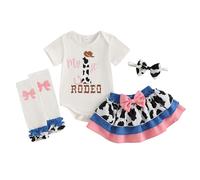 First Birthday Outfit Girl Print Short Sleeve Romper Cow Print Skirt Leg Warmers Baby Girls Western Outfits with Headband (White, 12-18 Months)