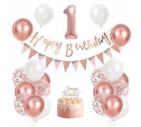 First Birthday Party Decorations Set - Rose Gold Number One Balloon, Happy Birthday Banner, Cake Topper, Confetti & Glitter Balloons for Baby Girl's 1st Celebration Supplies, Elegant Modern Theme