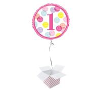 First Birthday Pink Dots Round Foil Helium Balloon - Inflated Balloon in a Box