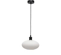 First Choice Lighting Baton - White Ribbed Oval Glass Black Retro Pendant Fitting First Choice Lighting White