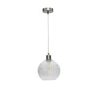 Ribbed Glass Globe Ceiling Light Pendant with Satin Nickel and Clear Cable, Height Adjustable 23-130cm, Kitchen Island Dining Lighting