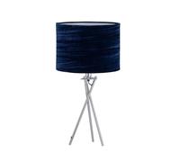 firstchoicelighting Polished Chrome Tripod Table Lamp or Bedside Light, Modern, Navy Blue Crushed Velvet Shade, Height 52cm, LED Compatible