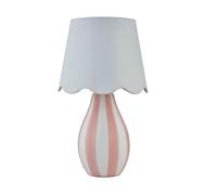 Pink Striped Ceramic Table Lamp or Bedside Light, White Scalloped Fabric Shade, Height 37.5cm, LED Compatible