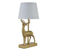 firstchoicelighting Gold Stag Table Lamp or Bedside Light with White Fabric Shade, Resin Base, Height 41cm, LED Compatible