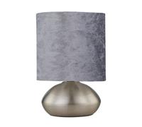 firstchoicelighting Brushed Chrome Touch Operated Table Lamp or Bedside Light, Modern Design, Height 22cm, Grey Crushed Velvet Shade, LED Compatible