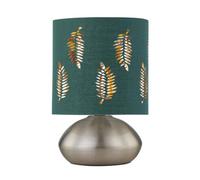 firstchoicelighting Brushed Chrome Touch Operated Table Lamp or Bedside Light, Modern Design, Height 22cm, Dark Green Fern Shade, LED Compatible