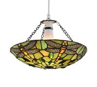 Green Tiffany Dragonfly Uplight Pendant Shade, Easy Fit Ceiling Lightshade, Traditional Coloured Glass Design