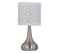 firstchoicelighting Brushed Chrome Touch Operated Table Lamp or Bedside Light, Modern Design, Height 36cm, White Cut Out Shade, LED Compatible