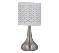 First Choice Lighting Romana - Brushed Chrome Touch Table Lamp With White Laser Cut Shade