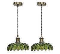 First Choice Lighting Set Of 2 Alice - Green Leaf Pendant Shades With Antique Brass Flex Set