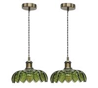 First Choice Lighting Set of 2 Alice - Green Leaf Pendant Shades with Antique Brass Flex Set First Choice Lighting Green