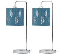 firstchoicelighting Set of 2 Arched Table Lamps or Bedside Lights, Modern Design, Teal Leaf Cut Out Shade, Height 46cm, LED Compatible
