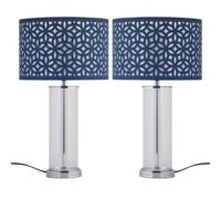 First Choice Lighting Set Of 2 Aura - Chrome Table Lamps With Navy Blue Cut Out Shades