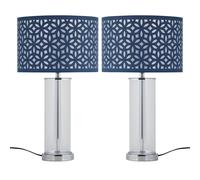 First Choice Lighting Set of 2 Aura - Chrome Table Lamps with Navy Blue Cut Out Shades in Silver First Choice Lighting Silver