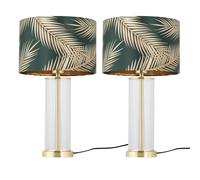 firstchoicelighting Set of 2 Modern Satin Brass Bedside Lamps Table Lights with Green & Gold Leaf Shades, LED Compatible, Height 54cm, Inline Switch