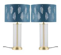 First Choice Lighting Set of 2 Aura - Satin Brass Lamps with Teal Fern Cut Out Shades in Gold First Choice Lighting Gold