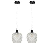 First Choice Lighting Set Of 2 Baine - Clear Textured Glass Black Retro Pendant Fittings