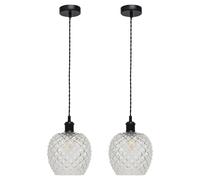 First Choice Lighting Set of 2 Baine - Clear Textured Glass Black Retro Pendant Fittings First Choice Lighting Clear