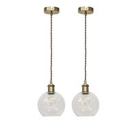 First Choice Lighting Set of 2 Barnum - Clear Glass Globe Antique Brass Retro Pendants First Choice Lighting Clear