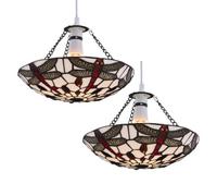 firstchoicelighting Set of 2 Tiffany Dragonfly Coloured Glass Uplight Pendant Shades, Easy Fit Ceiling Lightshade