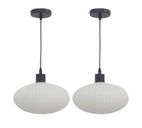First Choice Lighting Set of 2 Baton - White Ribbed Oval Glass with Black Pendant Fittings First Choice Lighting White