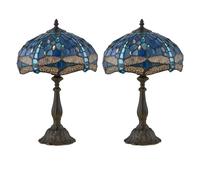First Choice Lighting Set of 2 Beaumont - Tiffany Dragonfly Coloured Glass 47cm Table Lamps in Bronze First Choice Lighting Bronze