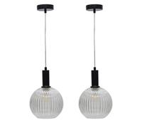 First Choice Lighting Set Of 2 Betchley - Clear Ribbed Glass Globe Black Deco Pendants