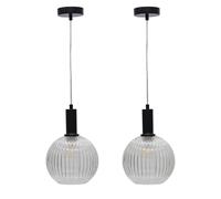 First Choice Lighting Set of 2 Betchley - Clear Ribbed Glass Globe Black Deco Pendants First Choice Lighting Clear
