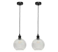 First Choice Lighting Set of 2 Betchley - Clear Ribbed Glass Globe Black Retro Pendants First Choice Lighting Clear
