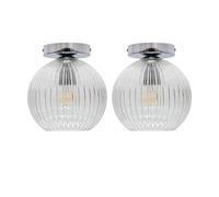 First Choice Lighting Set of 2 Betchley - Clear Ribbed Glass Globe Chrome Ceiling Lights First Choice Lighting Clear