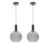 First Choice Lighting Set Of 2 Betchley - Clear Ribbed Glass Globe Chrome Deco Pendants