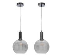 First Choice Lighting Set of 2 Betchley - Clear Ribbed Glass Globe Chrome Deco Pendants First Choice Lighting Clear
