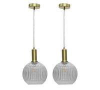 First Choice Lighting Set Of 2 Betchley - Clear Ribbed Glass Globe Satin Brass Deco Pendants