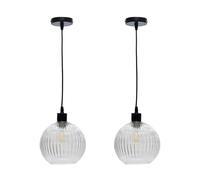 First Choice Lighting Set of 2 Betchley - Clear Ribbed Glass Globe with Black Pendant Fittings First Choice Lighting Clear