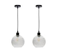First Choice Lighting Set of 2 Betchley - Clear Ribbed Glass Globe with Black Pendants First Choice Lighting Clear