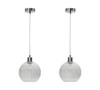 firstchoicelighting Set of 2 Ribbed Glass Globe Ceiling Light Pendants with Chrome Details and Clear Cable, Height Adjustable 23-130cm, Kitchen Island Dining Lighting