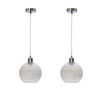 firstchoicelighting Set of 2 Ribbed Glass Globe Ceiling Light Pendants with Chrome Details and Clear Cable, Height Adjustable 23-130cm, Kitchen Island Dining Lighting
