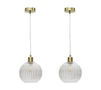firstchoicelighting Set of 2 Ribbed Glass Globe Ceiling Light Pendants with Satin Brass and Clear Cable, Height Adjustable 23-130cm, Kitchen Island Dining Lighting