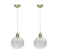 First Choice Lighting Set of 2 Betchley - Clear Ribbed Glass Globe with Satin Brass Pendant Fittings First Choice Lighting Clear
