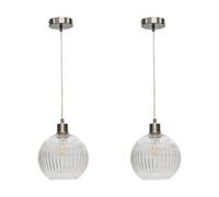 First Choice Lighting Set Of 2 Betchley - Clear Ribbed Glass Globe With Satin Nickel Pendant