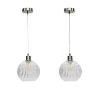 First Choice Lighting Set of 2 Betchley - Clear Ribbed Glass Globe with Satin Nickel Pendant Fittings First Choice Lighting Clear