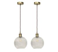 First Choice Lighting Set of 2 Betchley - Clear Ribbed Globe Antique Brass Light Fittings First Choice Lighting Clear
