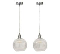 First Choice Lighting Set of 2 Betchley - Clear Ribbed Globe Chrome Retro Pendant Fittings First Choice Lighting Clear