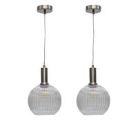 First Choice Lighting Set Of 2 Betchley - Clear Ribbed Globe Satin Nickel Deco Pendants