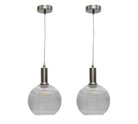 First Choice Lighting Set of 2 Betchley - Clear Ribbed Globe Satin Nickel Deco Pendants First Choice Lighting Clear