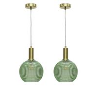 firstchoicelighting Set of 2 Green Ribbed Glass Globe Ceiling Light Pendants with Modern Deco Style Satin Brass Cable Kit, Height Adjustable, Kitchen Island Dining Lighting